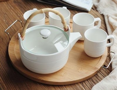 4797A 歐式陶瓷茶壺茶杯組 冷水壺托盤一壺四杯盤套裝 陶瓷泡茶壺午茶壺茶杯竹盤花茶壺咖啡杯