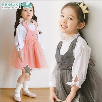✽Spring 春風和煦✽韓國Bebezoo女童可愛刺繡貓咪花邊領假兩件長袖洋裝/連身裙/連衣裙
