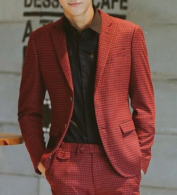 FINDSENSE品牌 韓國男 羊毛 紅色格子 三件式西裝外套 成套西裝 修身西裝 西裝外套 外套+襯衫+褲子