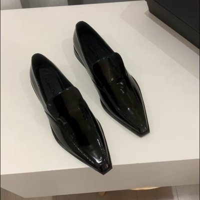 【熱賣精選】Massimo Dutti女鞋 真皮尖頭單鞋平底一腳蹬亮皮樂福鞋黑色工作鞋