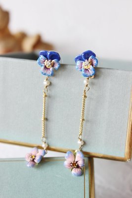 廠家直銷#法國Les Nereides 三色堇系列 花朵流蘇 氣質小清新耳釘耳環耳夾