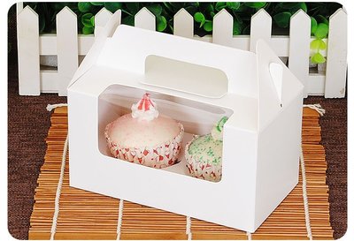 【嚴選SHOP】2格 開窗 純白無印手提盒 馬芬盒 杯子蛋糕 蛋糕盒 慕斯奶酪 月餅盒 包裝盒 禮盒 布丁盒【C048】