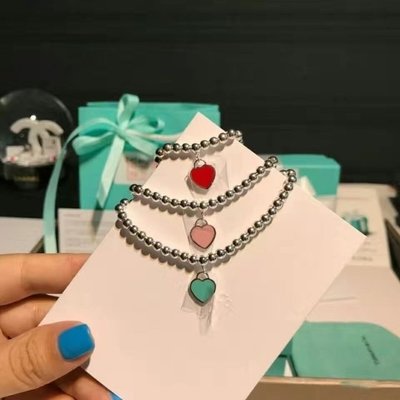 TIFFANY&CO. 蒂芙尼手鏈女官網紅藍粉愛心雙心形純銀925琺瑯送女友禮物-阿拉朵朵