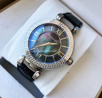 VERSACE Leda 銀色配黑色珍珠母貝錶盤 黑色皮革錶帶 石英 女士手錶 VNC180017 凡賽斯腕錶