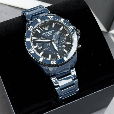 EMPORIO ARMANI 藍色錶盤 藍色陶瓷錶帶 石英 三眼計時 男士手錶 AR70009