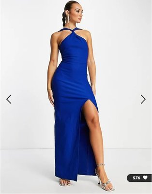 (嫻嫻屋) 英國ASOS-Vesper優雅時尚名媛藍色扭結削肩領開叉長裙洋裝禮服 PG22