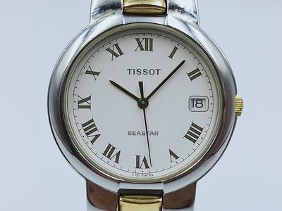 【發條盒子K00119】TISSOT 天梭 SEASTAR系列 羅馬白面石英三針 日期顯示 鍍金中型錶款 T251