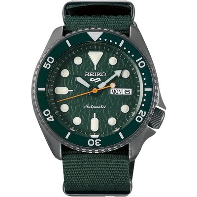 【金台鐘錶】SEIKO精工 5號盾牌 機械錶 潛水表 動力儲存41小時 (帆布帶綠水鬼) 43mm SRPD77K1