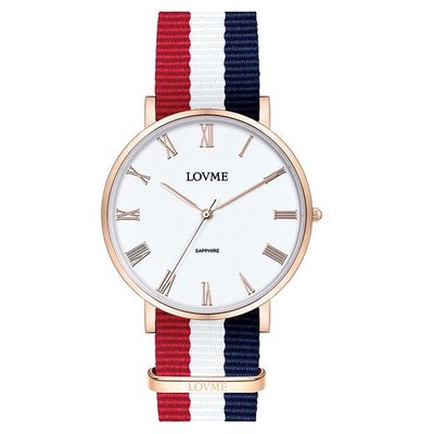[時間達人]LOVME 羅馬學院風時尚手錶-IP玫x藍白紅/38mm VN3012B-42-241