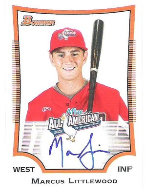 2009 BOWMAN AFLAC ALL-AMERICAN MARCUS LITTLEWOOD 親筆簽名新人卡 卡面簽