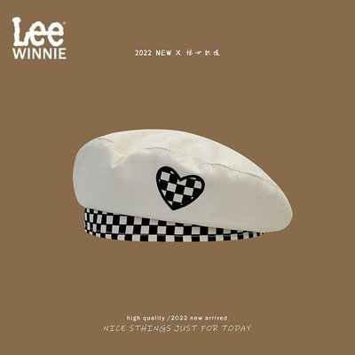 促銷打折 貝雷帽Winnie Lee日系甜美棋盤格愛心刺繡黑色貝雷帽子女夏季畫家帽學生