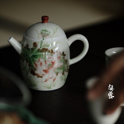 無落 純手繪荷花陶瓷茶壺帶過濾家用單壺茶杯日式泡茶壺大號功夫