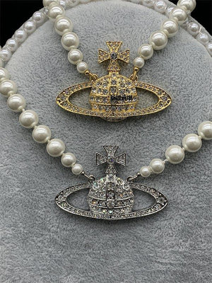 【現貨精選】Vivienne Westwood 歐美朋克時尚  新款金色銀色滿鉆大土星單層珍珠項鏈