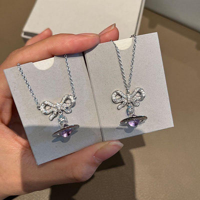 Vivienne Westwood 項鍊 鎖骨項鏈 薇薇安土星項鍊 925純銀西後蝴蝶結星球項鍊紫球 氛圍感漂亮 好美！