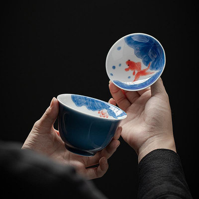 茶具 釉下彩手繪霽藍錦鯉二才蓋碗無托日式泡茶碗茶杯功夫茶具套裝單個