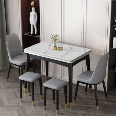 巖板折疊餐桌家用小戶型意式輕奢北歐實木長方形可伸縮飯桌椅組合~特價