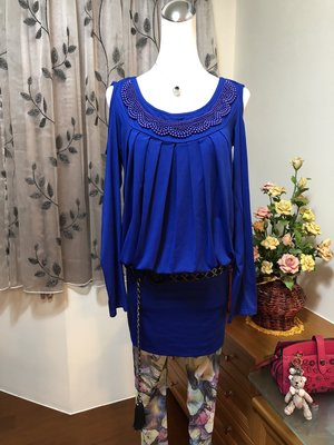 囝衣人全新時尚個性款珍珠抓皺寶藍彈性棉質洋裝(#M)～（VK、MOMA、iROO 、Miss O 、鴿子)