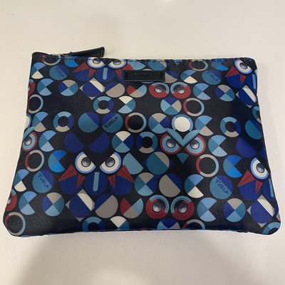 FURLA 長榮航空聯名貓頭鷹藍色色塊設計過夜包盥洗包(可做為隨手包,手拿包,化妝包)