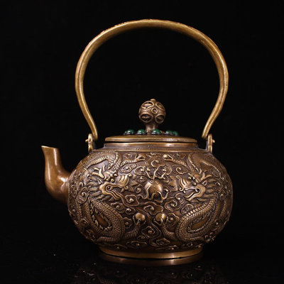 老純銅純手工打造鑲嵌寶石盤龍茶壺重967克  高20厘米  寬17厘米3454 古玩雜項【九州拍賣】