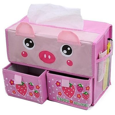 yes99buy加盟-可愛動物雙抽屜收納盒/紙巾盒-粉色小豬