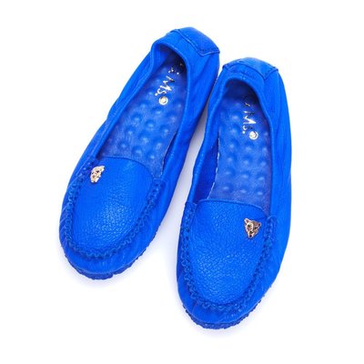 金屬豹頭飾釦全真皮莫卡辛鞋-Selly-沙粒-(M081)-藍色35號