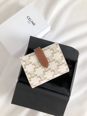 ［非現貨，英國代購直郵台灣✈️］Celine SMALL STRAP WALLET 白色老花 凱旋門 復古 帆布 羊皮內裡 小號 兩折 短夾 中夾