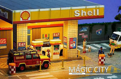 【熱賣精選】收藏模型車 車模型 預1:64 Magic City魔都模型殼牌石油加油站&amp;展廳場景汽車模型場景