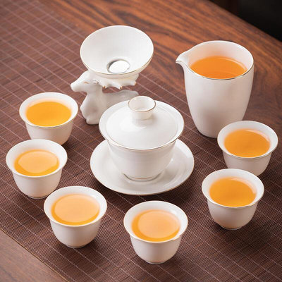 眾誠優品 茶具套裝家用羊脂玉白瓷茶壺茶杯整套會客簡約輕奢描金功夫泡茶器 CJ2697