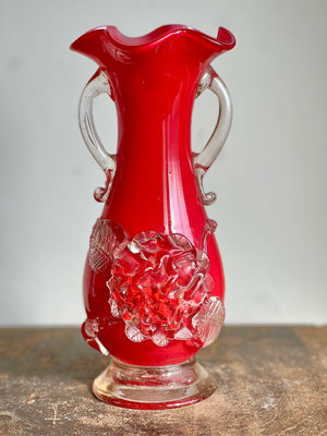 日本時代老玻璃花瓶：大型紅色牡丹花瓶