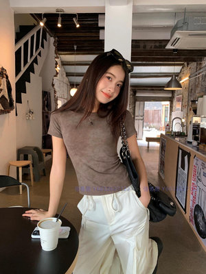 扎染圓領短袖T恤女夏季韓版設計感修身氣質短款正肩上衣-佳藝居