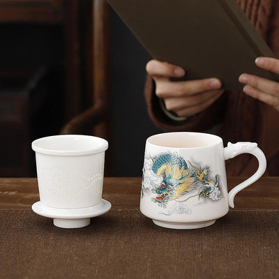三友社 羊脂玉瓷陶瓷茶杯個人專用辦公室馬克杯帶蓋德化白瓷水杯家用杯子qdd