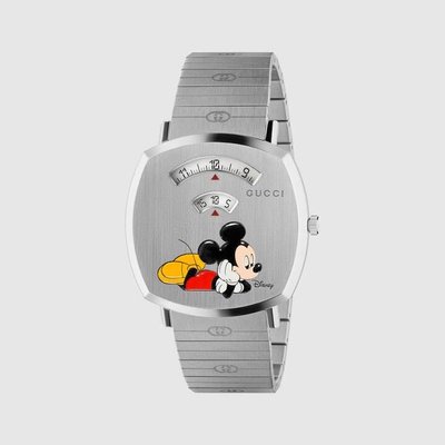 GUCCI +Disney聯名限量款 ►Grip 米老鼠 米奇 金屬銀色 35MM 大錶面手錶 日期功能 中性錶 ｜100%全新正品｜代購