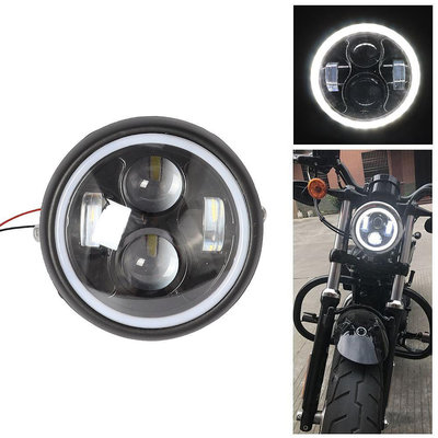 現貨機車零件配件改裝摩托車改裝LED復古大燈 GN125復古金屬前照燈哈雷LED大燈哈雷燈