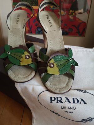 Prada 可愛圖案高根露趾鞋(37.5)附鞋盒鞋布袋