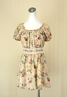 貞新二手衣 0918日本專櫃 粉黃薔薇花朵圓領短袖蕾絲棉質洋裝F號(44930)