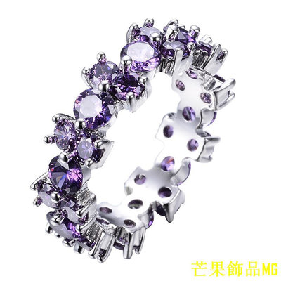 芒果飾品MG18k 白金鍍紫色圓形鋯石戒指 6 色結婚戒指