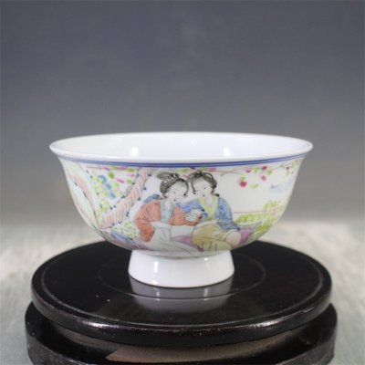 江西瓷業公司粉彩美女佳人藍邊茶碗古董古玩古瓷器擺件老貨收藏品