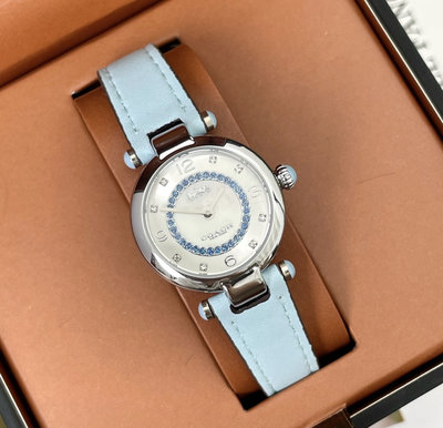COACH Cary 鑲晶鑽 珍珠貝母錶盤 藍色真皮皮革材質錶帶 石英 女士手錶 14503895