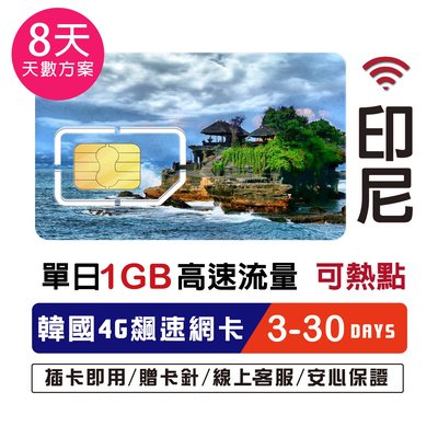 印尼網卡8天網路卡 單日1GB 網路卡 印度尼西亞 SIM卡 峇厘島 高速4G LTE 上網