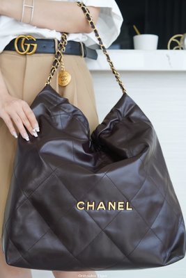 二手CHANEL 22 大號手袋 AS3262巧克力色/金扣