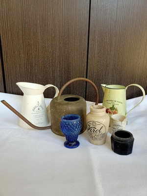 惠惠--早期老銅澆花器西洋老陶瓶玻璃杯懷舊復古風格擺飾7件一標（1025）