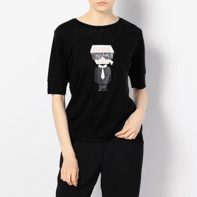 【哈極品】全新商品《Karl Lagerfeld》卡爾爺爺黑色Q版人物五分袖短T恤 38號(約M號)、40號(約L號)