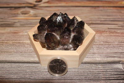 天然茶晶簇(木盒茶晶蓮花).晶體閃爍漂亮.值得收藏