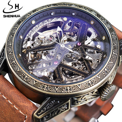 現貨男士手錶腕錶2024新款Shenhua深華復古經典男士時尚休閑古銅色 自動機械機手錶