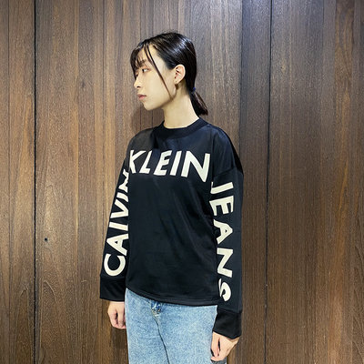 美國百分百【全新真品】Calvin Klein 大學T 刷毛 女款 CK 上衣 長袖T恤 logo 黑色 I537