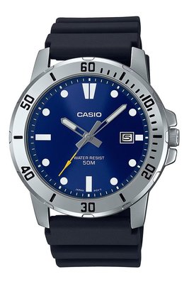 【金台鐘錶】CASIO 卡西歐 日期顯示 (膠錶帶) 防水50米 (銀x藍) MTP-VD01-2E
