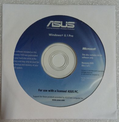 ASUS華碩PC還原光碟作業系統為Windows 8.1專業版64bit/Win8.1 Pro Recovery DVD