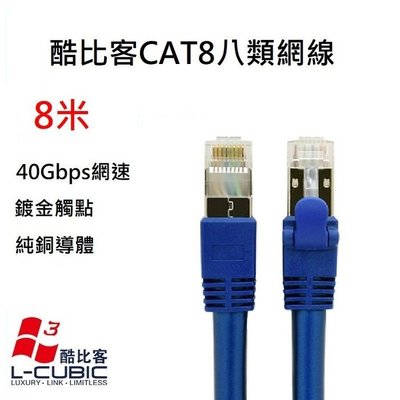 酷比客 L-CUBIC CAT8 40Gbs 電腦寬帶家用高速八類網線 無氧銅屏蔽 高速網路線 藍色 8M 8米