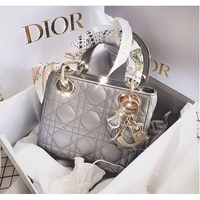 全新法國正品 Dior MINI LADY 乳灰色 珠光 籐格紋 金鏈 迷你款 黛妃包 手提包