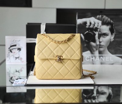 『RP精品』Chanel 香奈兒 22年新款 黃色 金扣 復古 雙肩包 後背包